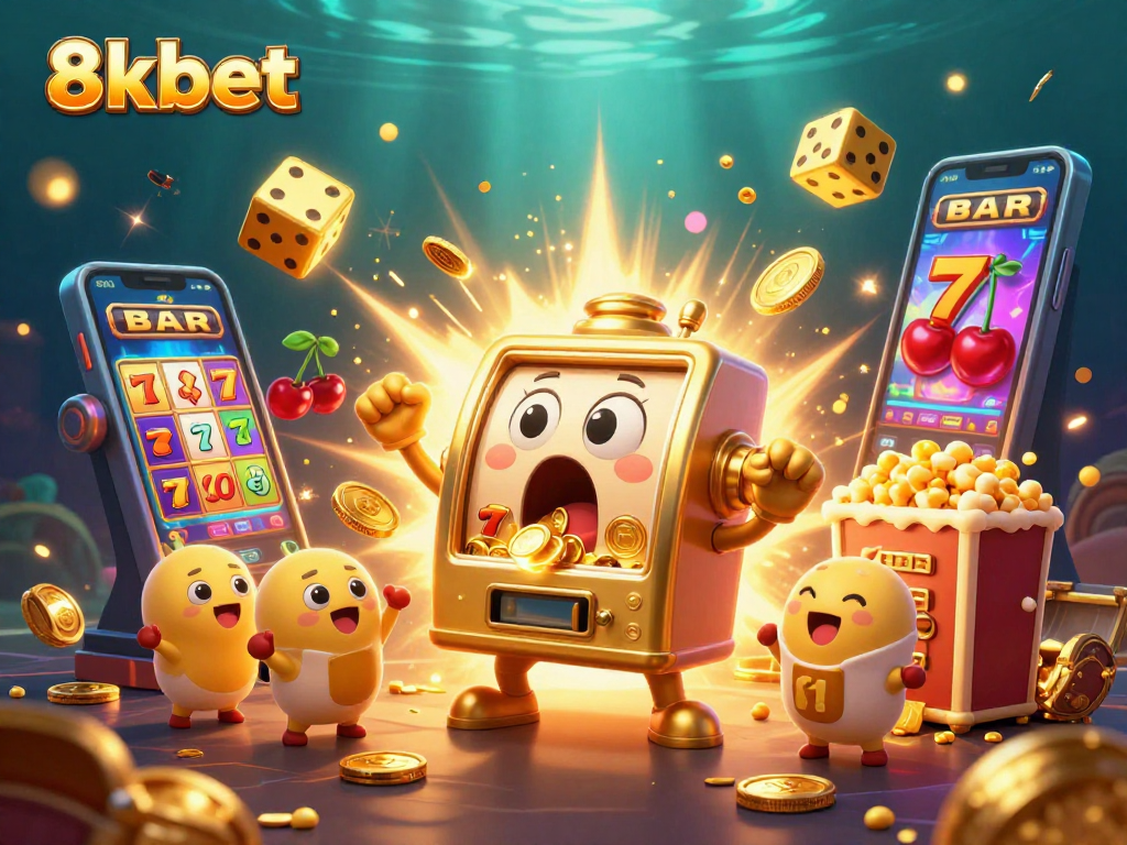 8kbet captivates players with a golden slot machine hitting jackpots in a vibrant casino scene.