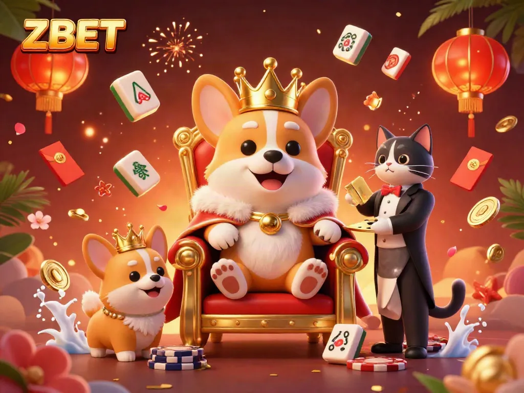 Experience ZBET with an extravagant scene featuring a royal corgi and vibrant casino elements.