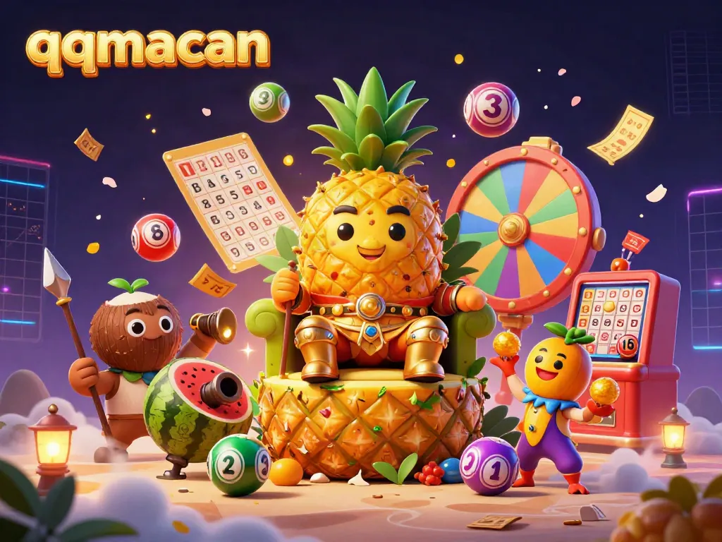Experience the lively excitement of qqmacan with golden characters in a dynamic casino scene.