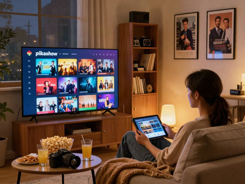 Enjoying Pikashow streaming on a smart TV in a cozy living room setting.