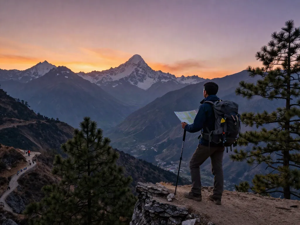 Manaslu Circuit trekker enjoying breathtaking views from a mountain cliff during sunset.