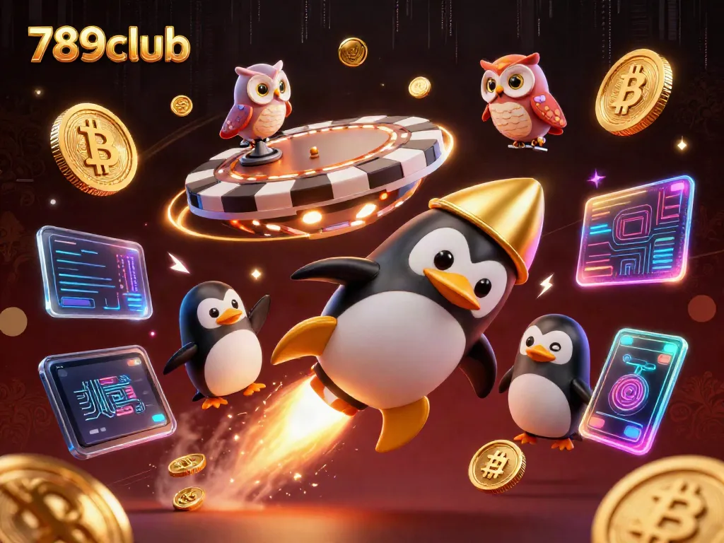 Experience thrilling gameplay with the 789club rocket-powered penguin racing towards a casino.