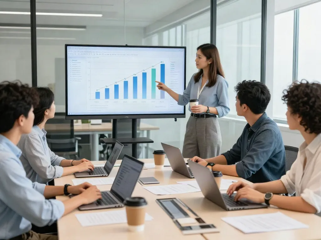 Cảnh họp văn phòng với đội ngũ đa dạng thảo luận về n188 và phân tích dữ liệu