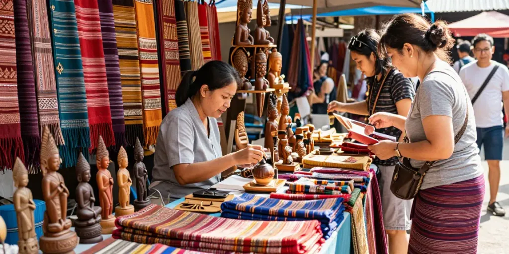 Explore thai handicrafts at a vibrant market, showcasing travel souvenirs and local artisan goods.