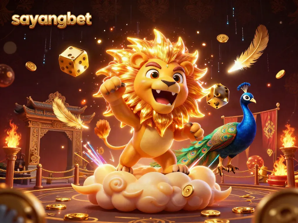 Sayangbet showcases a dynamic 3D illustration with a roaring sun lion and golden dice, perfect for casino promotions.