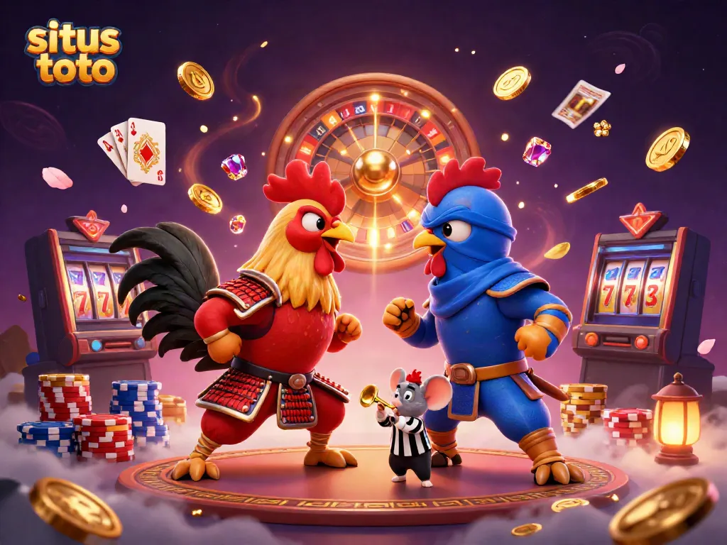 Witness a dynamic duel between samurai and ninja roosters, highlighting situs toto and vibrant casino elements.
