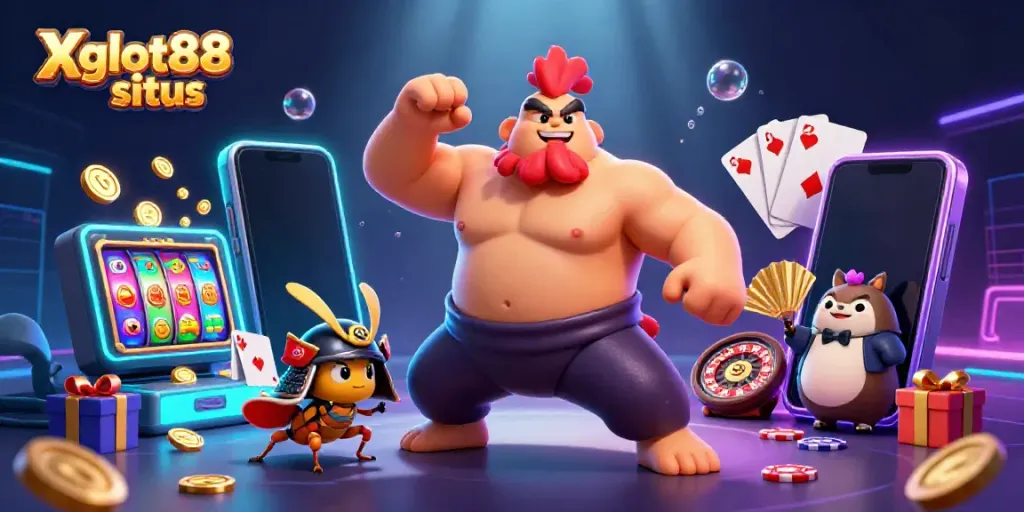 Menghadirkan Xgslot88 situs dengan ilustrasi 3D kartun yang kaya detail, memuat elemen permainan kasino seperti koin emas dan slot game.