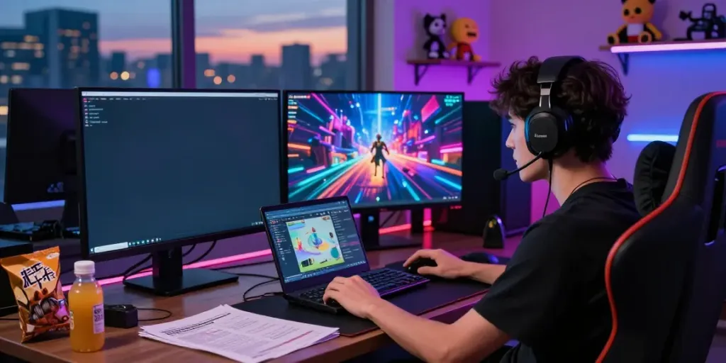 Pengguna bukumimpi138 bermain game online di ruang gaming modern dengan monitor berwarna-warni.