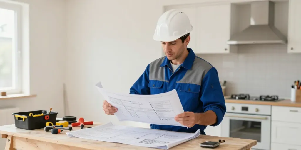 Trusted local contractor examining plans at a renovation site, enhancing wish4d services.