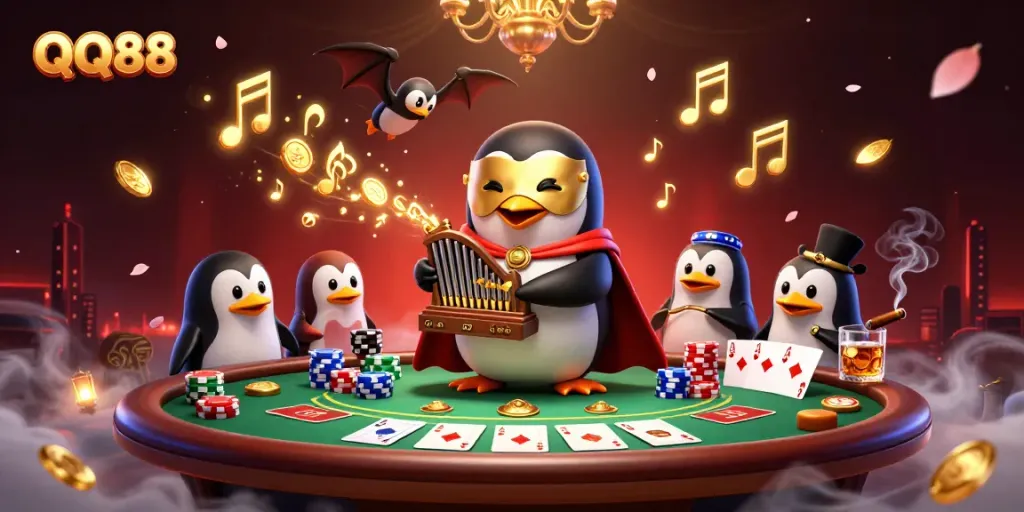Experience casino excitement at QQ88 with a vibrant scene of a penguin playing a pipe organ surrounded by poker elements.