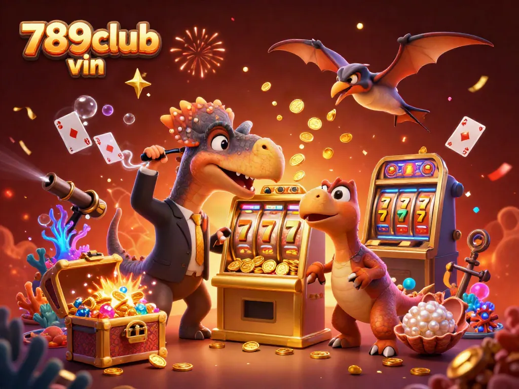 Experience excitement with 789club vin as a pachycephalosaurus jackpots coins from a slot machine in a vibrant casino!