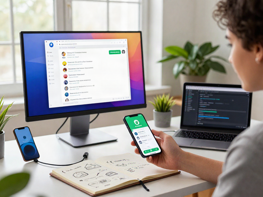 User engaging with GB WhatsApp on smartphone at modern workspace.