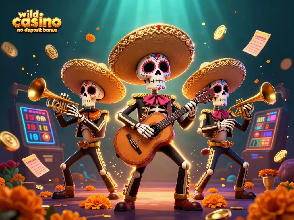 Experience excitement with the wild casino no deposit bonus in this vibrant 3D illustration featuring mariachi characters.