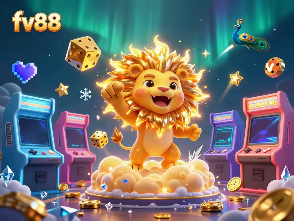 Experience the vibrant and exciting world of fv88 with a roaring sun lion and cosmic casino elements.