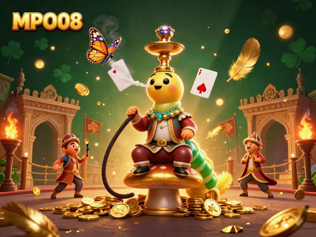 Experience the vibrant and dynamic world of MPO08, featuring a whimsical caterpillar hookah-master in a lively casino scene.